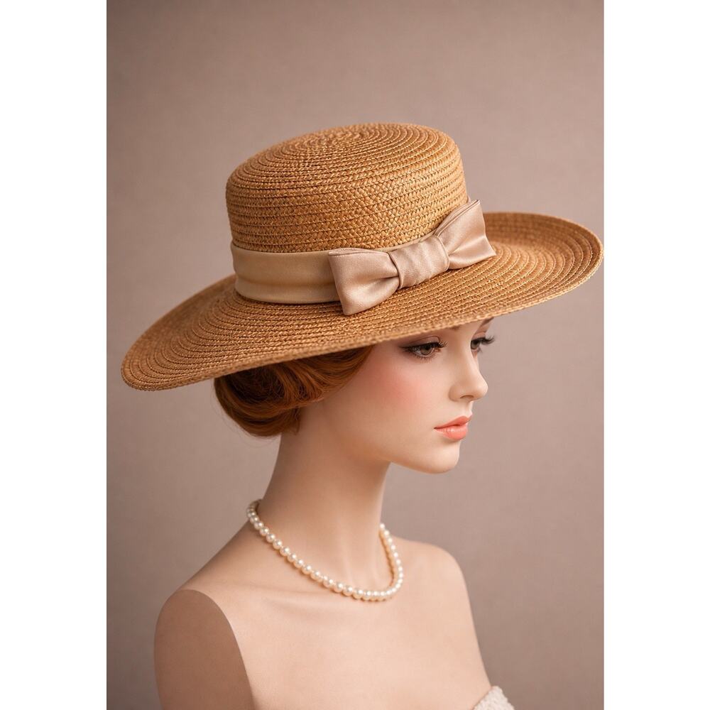 Vintage Liz Claiborne Italy Straw Boater Hat Wide Brim Satin Bow Cottagecore Tea